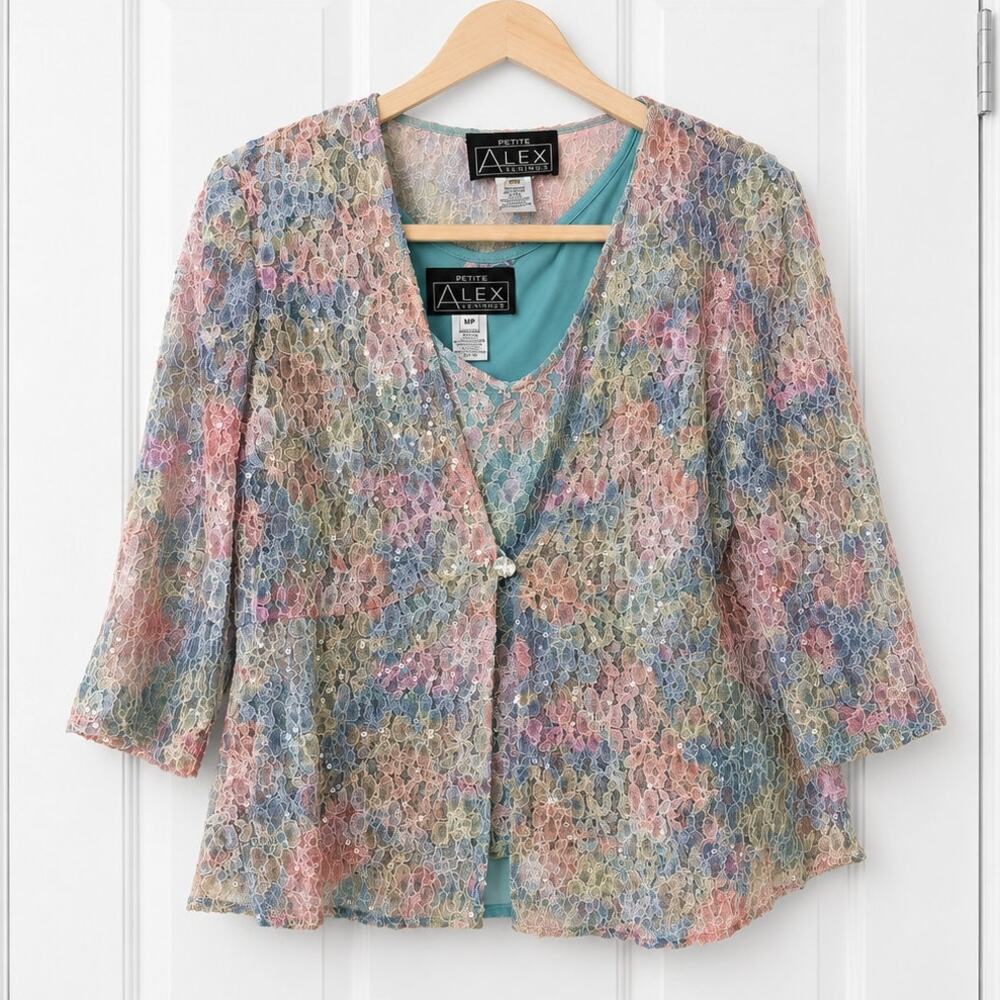 Alex Evenings Petite 2 Piece Lace Sequin Jacket Tank Set MP Floral Y2K Formal